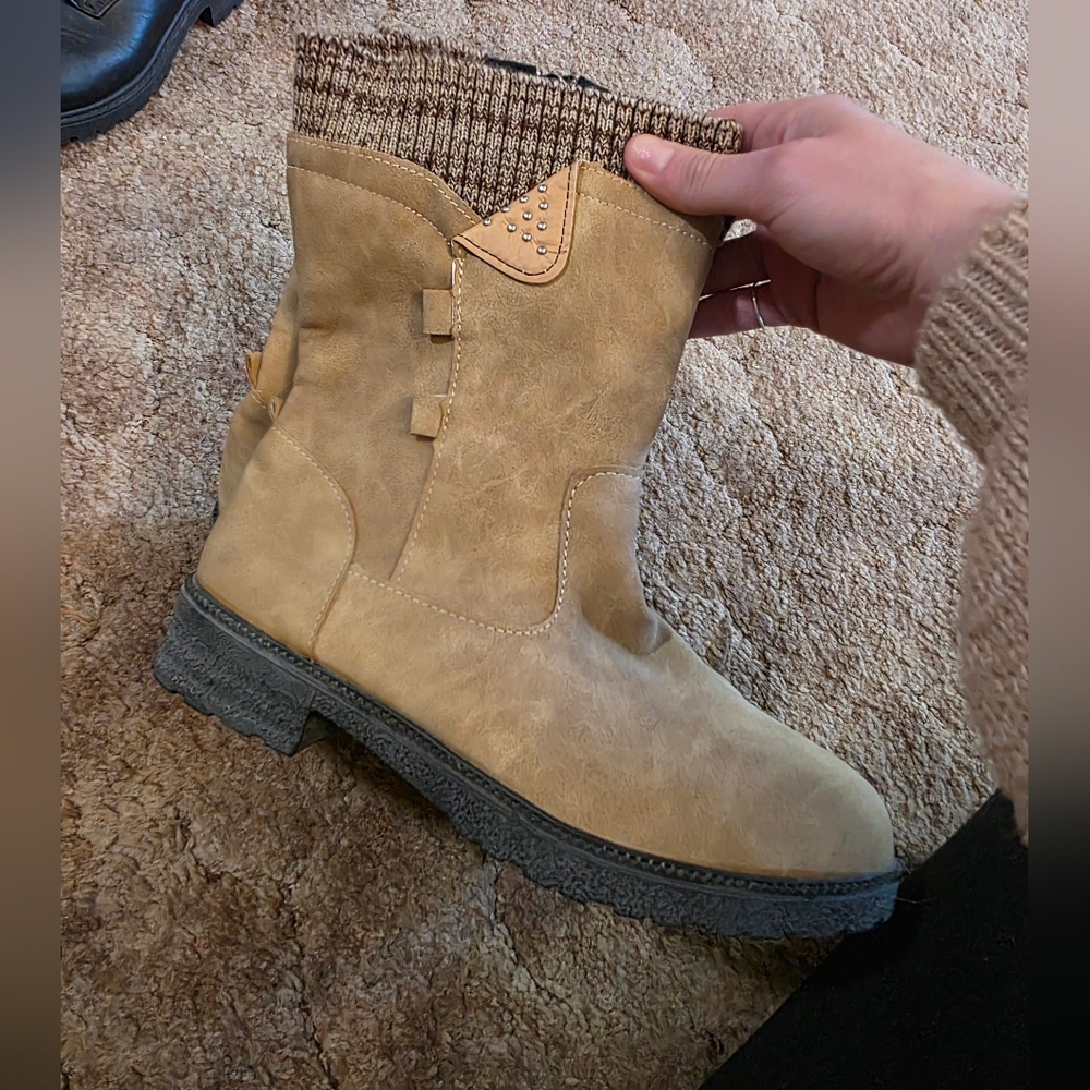Tan Ankle Boots with Knit Cuff